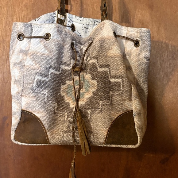 Myra Bag Handbags - Myra Bag Beige Southwestern Drawstring Tote with Leather Trim